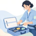 ファイバーカッターで光ファイバーを切断する施工技術者の様子をイメージしたイラスト