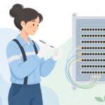 光コネクタクリーナーでコネクタを清掃する施工技術者の様子をイメージしたイラスト
