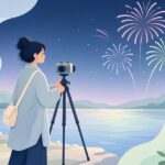 打ち上げ花火の光跡を撮影する様子をイメージしたイラスト