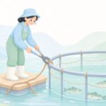 養殖場の生簀でロープをカッターで切る様子をイメージしたイラスト