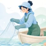防水手袋を着けて船上で網を引く漁師の様子をイメージしたイラスト