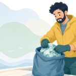 防水バッグに濡れた道具をしまう漁師の様子をイメージしたイラスト