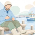 港で漁具を補修する様子をイメージしたイラスト