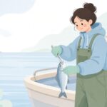 漁船の上でプライヤーを使って作業する様子をイメージしたイラスト