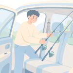 車のヘッドレストに釣り竿を固定する様子をイメージしたイラスト