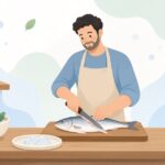 出刃包丁で魚をさばく鮮魚店職人の様子をイメージしたイラスト