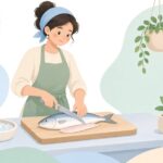 フィレナイフで魚を三枚におろす鮮魚店の様子をイメージしたイラスト