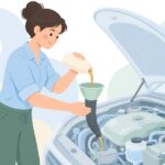 フレキシブルファンネルでエンジンオイルを注ぐ様子をイメージしたイラスト