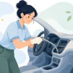 フレキシブルエクステンションで車のダッシュボード裏を整備する様子をイメージしたイラスト