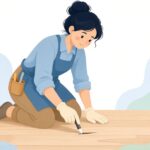 補修用クレヨンでフローリングの小傷を埋める職人の様子をイメージしたイラスト