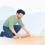 フローリング施工で壁際にスペーサーを入れる内装職人の様子をイメージしたイラスト