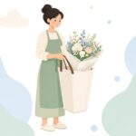 フラワーバッグで花束を配達する花屋の様子をイメージしたイラスト