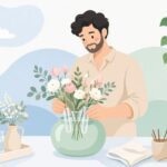 切り花に給水チューブを付けてイベント装花を作る様子をイメージしたイラスト
