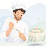 フラワーネイルで絞り花を作るケーキ職人の様子をイメージしたイラスト