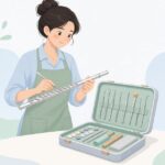 タンポ調整ヘラでフルートを修理する技術者の様子をイメージしたイラスト