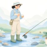 フライのリーダーにグリースを塗る様子をイメージしたイラスト