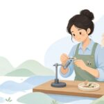 フライタイイングでマテリアルクリップを使う様子をイメージしたイラスト