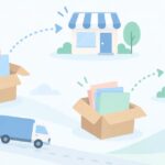 チラシを店舗ごとに分けて届けるイラスト
