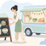 フードトラックの横にメニュースタンドを置く様子をイメージしたイラスト