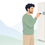 冷凍庫のドアヒンジを交換する様子をイメージしたイラスト