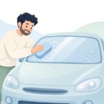 フロントガラスの撥水剤を剥離パッドで落とす様子をイメージしたイラスト