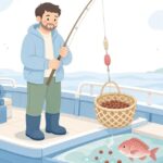 船でコマセ釣りをして真鯛を狙う様子をイメージしたイラスト