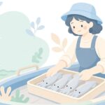 船で釣ったヤリイカをトロ箱に並べる様子をイメージしたイラスト