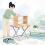 出張先で折りたたみ作業台を使って家具を組み立てる様子をイメージしたイラスト