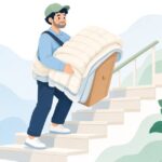 家具毛布で包んだ家具を階段で搬入する様子をイメージしたイラスト