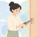 ふすまの引手部分を小型の鋸で加工する様子をイメージしたイラスト