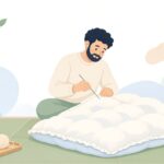 和裁針で布団を仕立てるふとん職人の様子をイメージしたイラスト
