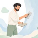 角ゴテで外壁を仕上げる左官職人の様子をイメージしたイラスト