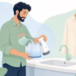 衣類スチーマーの水タンクを交換する様子をイメージしたイラスト