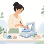 ファセット研磨機で宝石を研磨する様子をイメージしたイラスト