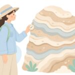 露頭でクリノメーターを使って地層を測る様子をイメージしたイラスト