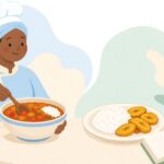 本を見ながらガーナ料理を作る様子をイメージしたイラスト