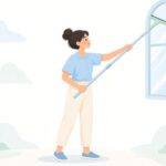 伸縮式スクイジーで高窓を清掃するガラス清掃員の様子をイメージしたイラスト