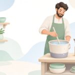 釉薬に沈殿防止剤を加えて混ぜる様子をイメージしたイラスト