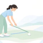 アライメントスティックでスイングを確認するゴルフ指導の様子をイメージしたイラスト