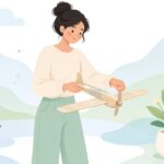 ゴム動力模型飛行機のゴムを巻く様子をイメージしたイラスト