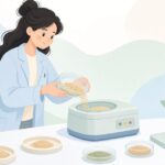 穀粒判別器で米粒を検査する様子をイメージしたイラスト