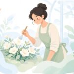 授粉筆で花に花粉を付ける花卉農家の様子をイメージしたイラスト