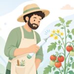 電動授粉器でトマトの花に授粉する農家の様子をイメージしたイラスト