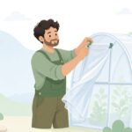 ハウス用クリップでビニールハウスの換気口を留める農家の様子をイメージしたイラスト