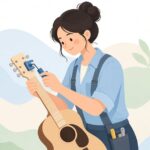 ストリングワインダーでギターの弦を巻き取る様子をイメージしたイラスト