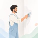 コーナーこてで石膏ボードの入隅をパテ仕上げする様子をイメージしたイラスト
