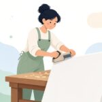 ボードカンナで石膏ボードの端を削る内装職人の様子をイメージしたイラスト
