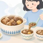 牛アキレスの煮込み料理を食卓で楽しむ様子をイメージしたイラスト