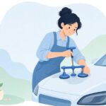 グルータブを使って車のへこみを修理するデントリペアの様子をイメージしたイラスト