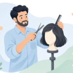 セニングシザーで毛量を調整する美容師の様子をイメージしたイラスト